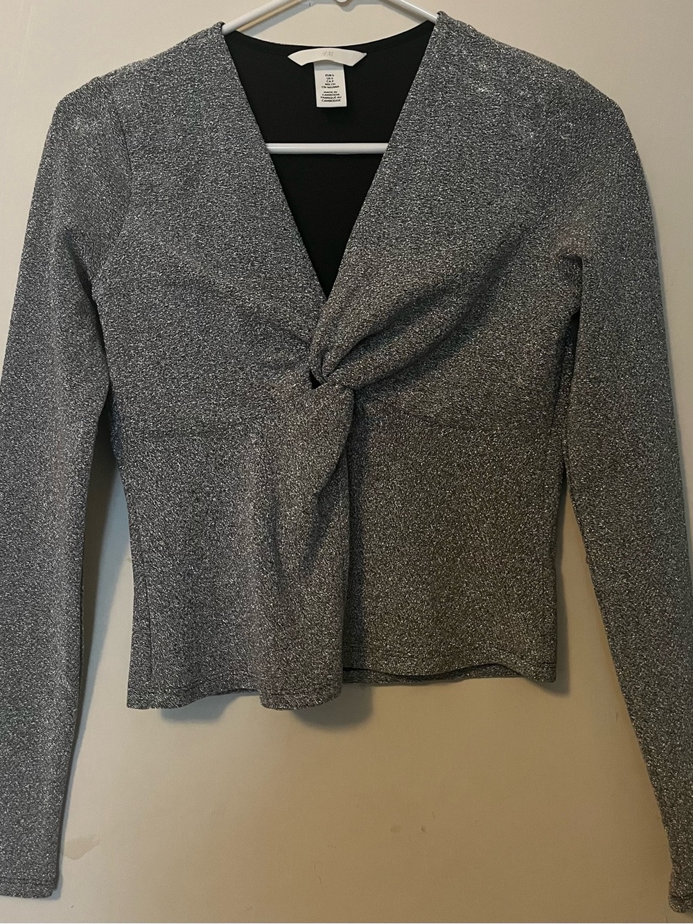 H&M Silver Glittery Sparkle Twist-Front Long Sleeve Top